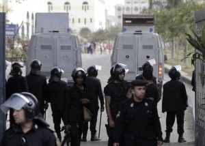 Riot police maintain order on al-Azhar university campus during student protests in Cairo