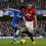 Chelsea's Willian is challenged by Manchester United's Jones during their English Premier League soccer match at Stamford Bridge