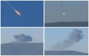 A combination picture taken from video shows a war plane crashing in flames in a mountainous area in northern Syria after it was shot down by Turkish fighter jets near the Turkish-Syrian border November 24, 2015. Turkish fighter jets shot down a Russian-made warplane near the Syrian border on Tuesday after repeatedly warning it over air space violations, Turkey officials said, but Moscow said it could prove the jet had not left Syrian air space. Turkish presidential sources said the warplane was a Russian-made SU-24. The Turkish military, which did not confirm the plane's origin, said it had been warned 10 times in the space of five minutes about violating Turkish airspace. Russia's defence ministry said one of its fighter jets had been downed in Syria, apparently after coming under fire from the ground, but said it could prove the plane was over Syria for the duration of its flight, Interfax news agency reported. REUTERS/Reuters TV/Haberturk TVATTENTION EDITORS - THIS VIDEO WAS PROVIDED BY A THIRD PARTY. THE STILLS WERE PROCESSED BY REUTERS TO ENHANCE QUALITY, AN UNPROCESSED VERSION WILL BE PROVIDED SEPARATELY. EDITORIAL USE ONLY. NOT FOR SALE FOR MARKETING OR ADVERTISING CAMPAIGNS. NO RESALES. NO ARCHIVE. TURKEY OUT. NO COMMERCIAL OR EDITORIAL SALES IN TURKEY.      TPX IMAGES OF THE DAY