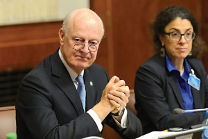 UN Special Envoy of the Secretary General for Syria, Staffan de Mistura left, attends the Syria peace talks in Geneva, Switzerland, Friday, January 29, 2016. Indirect peace talks aimed at resolving Syrias five-year conflict began Friday at the U.N, headquarters in Geneva, without the participation of the main opposition group. (Martial Trezzini/Keystone via AP)