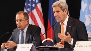MUNICH, GERMANY - FEBRUARY 11:  Russian Foreign Minister Sergey Lavrov and US Secretary of State John Kerry (L-R) hold a press conference following a meeting of the International Syrian Support Group (ISSG) on February 11, 2016 in Munich, Germany. ISSG met in Munich ahead of the International Munich Security Conference to further discuss a peaceful solution in the Syria war.  (Photo by Alexandra Beier/Getty Images)