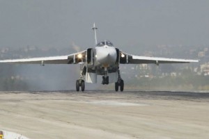 A Sukhoi Su-24 fighter jet lands at the Hmeymim air base near Latakia, Syria, in this handout photograph released by Russia's Defence Ministry November 7, 2015. Turkish fighter jets shot down a Russian-made warplane near the Syrian border on November 24, 2015 after repeatedly warning it over air space violations, Turkish officials said, but Moscow said it could prove the jet had not left Syrian air space. REUTERS/Ministry of Defence of the Russian Federation/Handout via Reuters ATTENTION EDITORS - THIS PICTURE WAS PROVIDED BY A THIRD PARTY. REUTERS IS UNABLE TO INDEPENDENTLY VERIFY THE AUTHENTICITY, CONTENT, LOCATION OR DATE OF THIS IMAGE. THIS PICTURE IS DISTRIBUTED EXACTLY AS RECEIVED BY REUTERS, AS A SERVICE TO CLIENTS. EDITORIAL USE ONLY. NOT FOR SALE FOR MARKETING OR ADVERTISING CAMPAIGNS. NO RESALES. NO ARCHIVE.