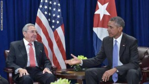 US President Barack Obama reaches out to shake hands with Cuba's President Raul Castro during a bilateral meeting on the sidelines of the United Nations General Assembly at UN headquarters in New York on September 29, 2015.AFP PHOTO/MANDEL NGAN        (Photo credit should read MANDEL NGAN/AFP/Getty Images)