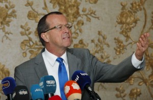 U.N. Special Representative and Head of the United Nations Support Mission in Libya Martin Kobler speaks during a news conference at the Mitiga International Airport in Libya, Tripoli January 1, 2016. REUTERS/Ismail Zitouny