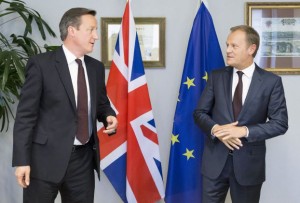 British Prime Minister David Cameron (L) is seen during a meeting with European Council President Donald Tusk in Brussels, Belgium, in this June 25, 2015 file photo. Tusk will present proposals on February 2, 2016 for keeping Britain in the European Union, paving the way for a potentially difficult summit at which leaders will have to iron out remaining differences. REUTERS/Julien Warnand/Pool/Files