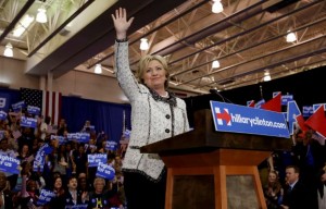 Democratic U.S. presidential candidate Hillary Clinton waves at the end of her speech to supporters about the results of the South Carolina primary at a primary night party in Columbia, South Carolina, February 27, 2016. Clinton won the South Carolina primary over rival Bernie Sanders, several networks projected, propelling her into next week's crucial "Super Tuesday" voting in 11 states on a wave of momentum.  REUTERS/Jonathan Ernst