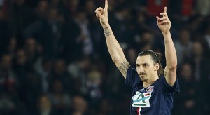 Paris St Germain's Zlatan Ibrahimovic celebrates after scoring a penalty against Saint Etienne during their French Cup semi-final soccer match at the Parc des Princes stadium in Paris April 8, 2015. REUTERS/Benoit Tessier TPX IMAGES OF THE DAY