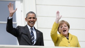 HANOVER, GERMANY - APRIL 24:  U.S. President Barack Obama waves during a welcoming ceremony at Herrenhausen Palace accompanied by German Chancellor Angela Merkel on Obama's first day of a two-day trip to Germany on April 24, 2016 in Hanover, Germany. Obama is in Hanover to visit the Hanover Messe, the world's biggest industrial fair, and tomorrow will meet with other western European leaders.  (Photo by Michael Ukas - Pool / Getty Images)