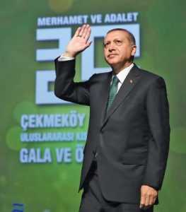 Turkey's President Recep Tayyip Erdogan salutes as he addresses his supporters in Istanbul, Sunday, May 8, 2016. Erdogan has kept up his rebuke of European nations, accusing them of "dictatorship" and "cruelty" for keeping their frontiers closed to migrants and refugees fleeing the Syrian conflict.  (Yasin Bulbul/Pool Photo via AP)
